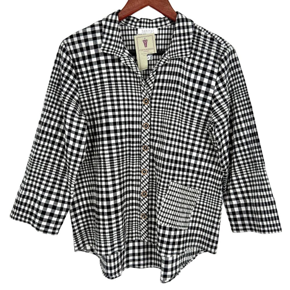 NEW NWT Habitat Sz XS Black White Wearable Art Plaid Blouse Shirt Top Winter